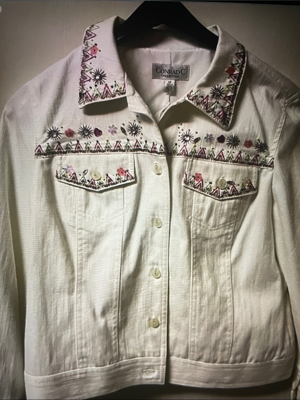 Conrad C Women's Embroidered Cream Button-Up Jacket